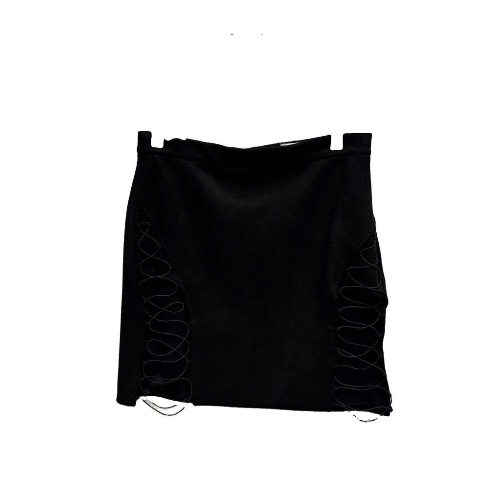 Meshki Black Mini A-Line Skirt Mid Waist Minimalist Coquette M Cutout Stretch